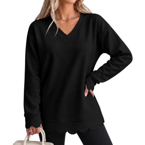 V Neck Scalloped Sweatshirts Women Oversized Layered Pullover Sweatshirt - image 2