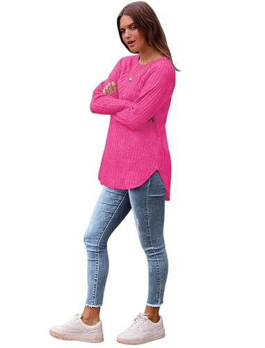 Image of Saloogoe Long Sleeve Shirts for Women 2025 Fall Clothes Tunic Tops Loose Fit Dressy Crewneck Pullover Sweaters Curved Hem