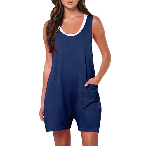 Mono Mujer Verano Corto Sin Mangas Cuello Redondo Peto Mujer Verano Casual Sueltos Jumpsuit Elegante Monos de Mujer Cortos Una Pieza Mono Pantalon con Bolsillos Informal Playa Playsuit