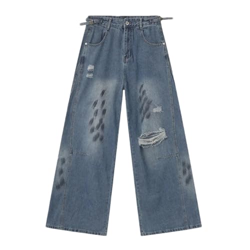 Men's Jeans Loose Printing Worn-Out Holes Wide Leg Straight Denim Pants
