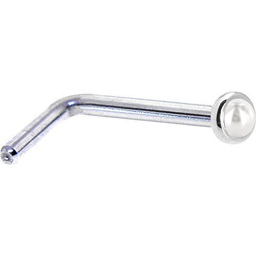 Body Candy Solid 14K White Gold 2Mm White Cultured Pearl L Shaped Nose Stud Ring 18 Gauge 1/4" #TOP21