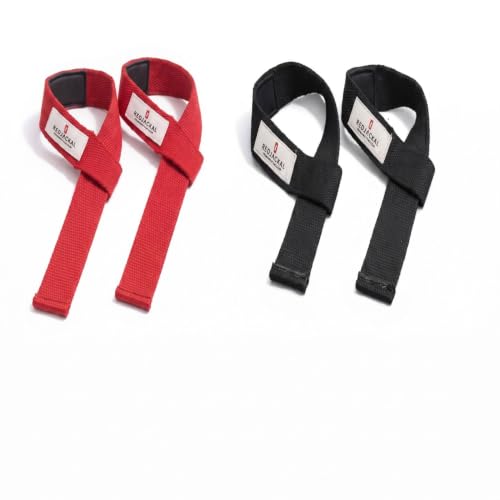 Image of REDJACKAL Single Loop Lifting Straps for Weightlifting - Heavy Duty Padded Cotton Deadlift Straps for Men & Women - Powerlifting, Bodybuilding & Gym Strength Training | 1 Pair Red & 1 Pair Black