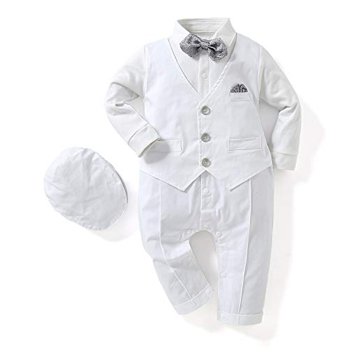 Kgurtagh Baby Boy Suit Outfit, Long Sleeve One-Piece Romper with Beret and Bow Tie, Infant Boy Gentleman Outfits for Formal Wear, Baby Boy Dressy Clothes (3pc, 0-24 Months)