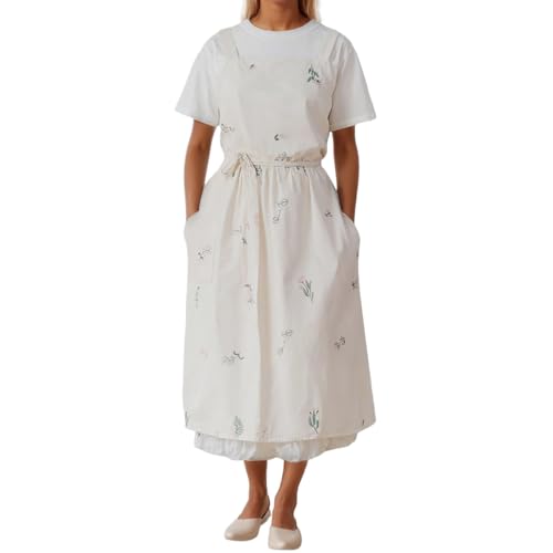 Generisch Damen Leinen Wickelkleid Besticktes Maxikleid Freizeitkleid Schürzenkleid mit Bindegürtel für Alltag Urlaub (Beige, One Size)