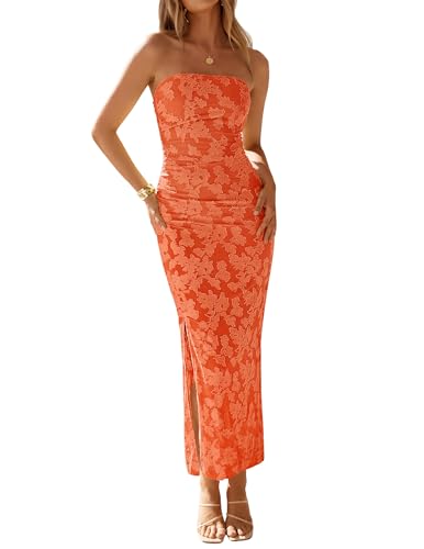 ZESICA Womens Summer Strapless Floral Ruched Maxi Formal Dress Orange S