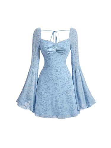 Image of WDIRARA Women's Floral Jacquard Mesh Gothic Dress Bell Long Sleeve A Line Vintage Dresses