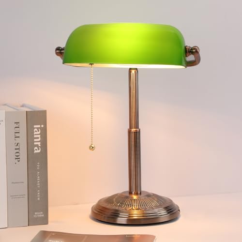 LINNMON Bankers Desk Lamp Green Retro Lamp Vintage Lamp with Pull Chain Switch for Home Office (Copper+Green)