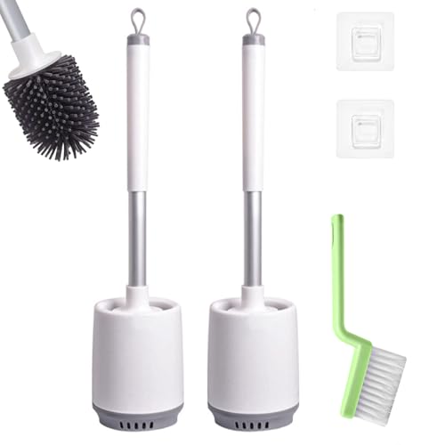 Image of 2 Pack Toilet Bowl Cleaners, Toilet Brush and Holder Set,Silicone Toilet Cleaner Brush,Toilet Scrubber with Floor Standing & Wall Mounted with Ventilated Holder for Bathroom Deep Cleaning
