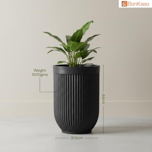 Image of Bonkaso 18 Inch Burj Khalifa Ribbed Planter for Indoor & Outdoor Use | Round Heavy Duty Polymer Flower Pot | Lightweight Weather Resistant Modern Gamla for Living Room Balcony & Terrace (Dark Grey)