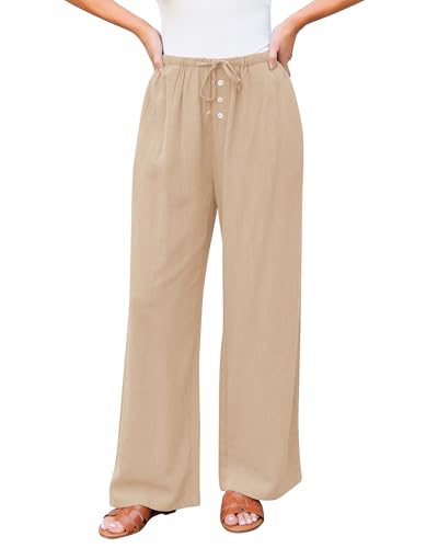 GRAPENT Linen Wide Leg Pants Woman High Waisted Pull On Button Drawstring Baggy Casual Summer Palazzo Pants with Pockets