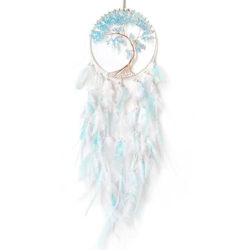 SOYUZU White and Cyan Dream Catcher Wall Decor Crystal Tree of Life Dream Catchers Handmade Feather Dreamcatcher Wall Hanging Ornament for Bedroom Living Room Home Decor