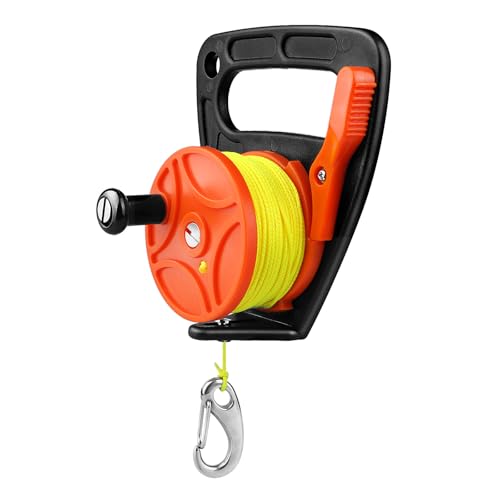 150FT Scuba Dive Reel with Thumb Stopper and 2' Clip, High Visibility Finger Spool with Handle for Cave Diving, Kayak Anchor, SMB Buoy, Spearfishing & Snorkeling