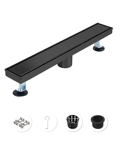 Image of 18 Inch Matte Black Linear Shower Drain | CUPC Certified 2-in-1 Tile Insert for Curbless Showers. 304 Steel, 15.8GPM Flow. Includes Hair Catcher & Adjustable Feet.