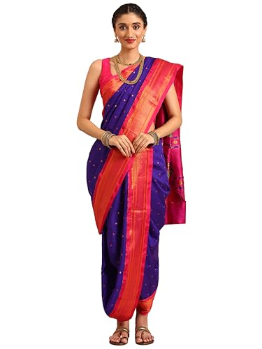 Varkala Silk Sarees Maharani Nauvari Paithani Saree 9 Yard Silk Blend with Copper Zari Peacock Pallu & Unstitc