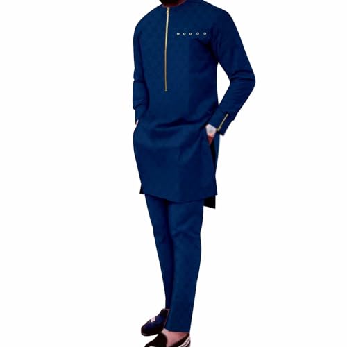 Image of Dashiki for Men African Outfits for Wedding Shirt and Pant Two Piece Suit Traditional Clothing Formal Ethnic Suit(Dark Blue,X-Small)
