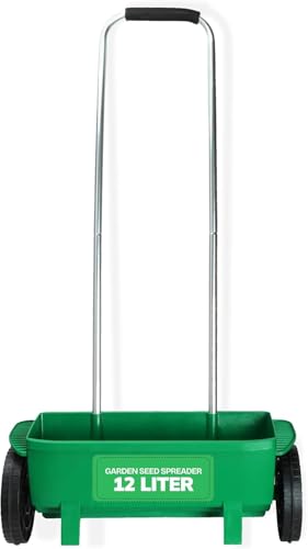 Lawn Spreader 12 Litre Rotary Seed & Grit Salt Spreader with Protective Roof, 110CM Long Handle, Adjustable Speed Control On/Off, Wheeled Grass Fertiliser Spreader for Garden, Lawns & Pathways