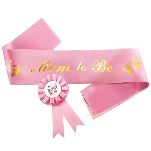 Pink Baby Shower Decorations for Girl and Pins for Dad - Glossy Girl Baby Shower Decorations Made from Soft & Smooth Satin, Daddy Brooch & Mommy to Be Sash - Party Mom to Be Sash That Doesn't Wrinkle