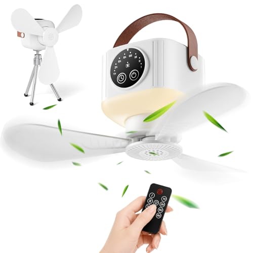 Yorflowe Portable Ceiling Fan Camping Fan with Light & Remote 9.25 Battery Operated Tent Fan 4 Speeds & Timers 3 Brightness with Stand & Hook for Camping Travel RV Tent Patio Indoor