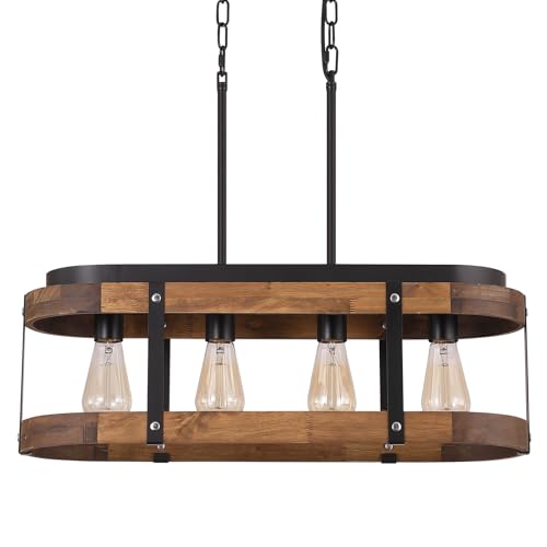 Rustic Farmhouse Wood Kitchen Island Lighting, 4 Lights Rectangular Pendant Light Fixture...