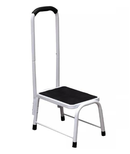 Step Stool Ladder with Handrail & Anti-Slip Grooves & Rubber Pads Non-Slip Treads, Metal Frame, White & Black – Heavy Duty Footstool for Home, Kitchen & Office Camper Van Camping Caravan Step-stool