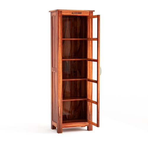 Image of Wooden Bookcases Solid Sheesham Wooden 1 Door 4 Selves with Storage Rack Showcase Organizer for Living Room Home&Office Hollway Kitchan, Bedroom, Brown Honey Natural Finish