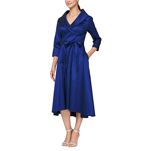 Image of Alex Evenings Women's Portrait Collar Dress with Full Skirt, Pockets, and Tie Belt