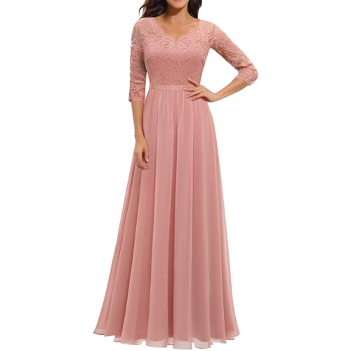 Abendkleid Damen Elegant, Cocktailkleid Damen Lang,Maxikleid Damen Sommer Kleid mit Spitze Brautjungfernkleider V Ausschnitt Plisseekleid Ballkleid...