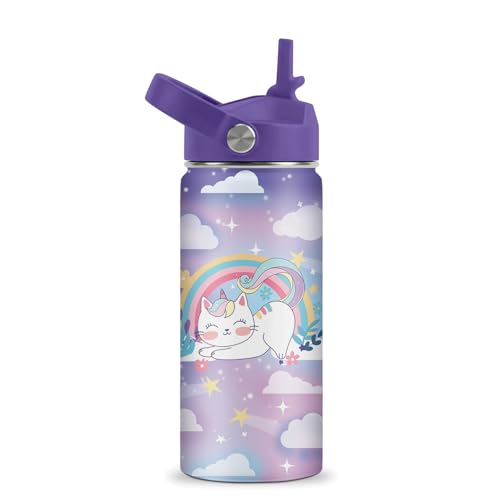 Cat Gifts for Kids - 16oz Purple Cat Water Bottle with Straw Lid - Rainbow Cats Stainless Steel Kids Insulated Cup for School, Sports, Travel Tumbler for Cats Lovers, Girls