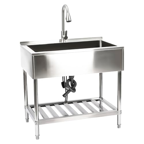 Fregadero Industrial de Acero Inoxidable Grande con Patas Ajustables y Grifo - Para Cocina Comercial, Lavandería, Restaurante, Exterior/Interior, Jardín y Taller