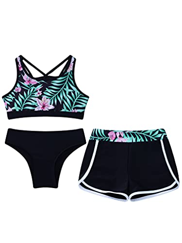 renvena Kid Girls 3 Piece Tie-Dye Swimwear Rash Guard Shirt Crop Top with Briefs and Shorts Tankini Set3