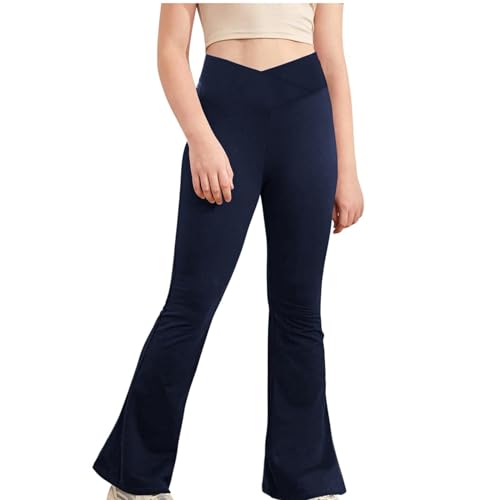 Girls Crossover Flare Leggings High Waisted Yoga Pants Kids Bootcut Solid Bell Bottoms Trousers (Navy, 13-14 Years)