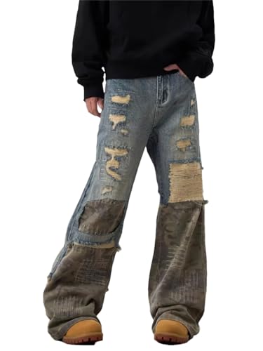 Men Y2K Streetwear Ripped Stacked Baggy Jeans Pants Clothes Patchwork Rock Hip Hop Denim Trousers
