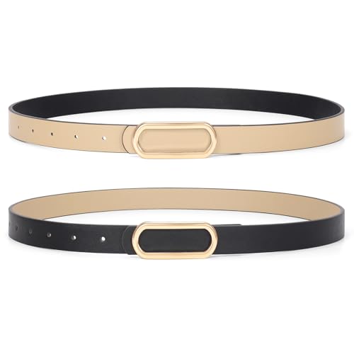 JASGOOD Skinny Reversible Belts for Women Thin Leather Belt for Dresses Jeans Pants with Gold Silver Buckle,1Pack,Black/Beige S