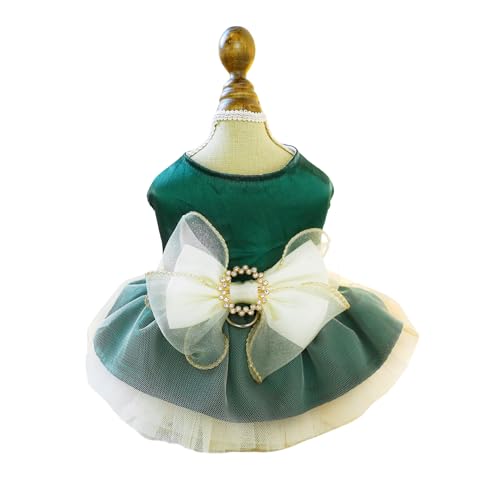 BT Bear Small Dog Dress, Puppy Skirt With Retro Bow, Princess Tutu for Wedding, Lace Outfit for Cats and Small Dogs (Green, M)