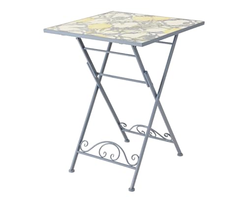 GLOUPIE Tavolo Pieghevole da Esterno in Acciaio Verniciato A Polvere Epossidica Blu Laguna con Decorazioni A Mosaico di Agrumi Positano, L 58 x P 58 x H 76 Cm, Portata Massima 40 kg