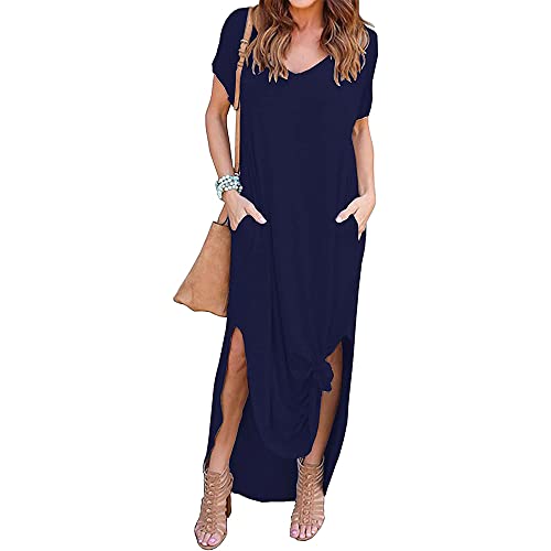 Sunvivid Femmes Robe Casual Col V Maxi Longue Robes Cuisse Haute Fente Manches Courtes Longue T-Shirt Robe Vacances Party Robe avec Poches Cover