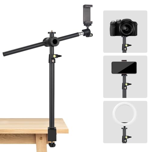 JEBUTU OS01 Camera Desk Mount with Flexible Overhead Boom Arm, 32.5-55cm Adjustable C-clamp Tabletop Light Stand with 1/4