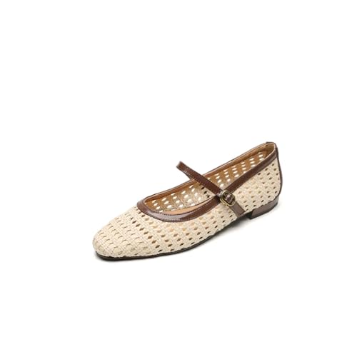 TinaCus Handmade Women's Genuine Leather Woven Hollow-Out Round Toe Buckle Straps Mary Jane Flats