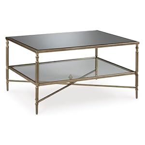 Signature Design by Ashley Cloverty Mid-Century Coffee Table with 1 Glass Shelf and Embellished Legs, Metallic