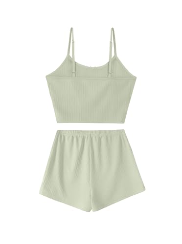Image of Hilinker Womens Graphic 2 Piece Pajama Set Summer Cute Crop Cami and Shorts Ribbed Lounge Sets