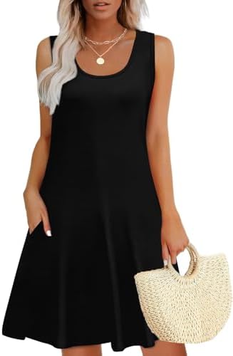 WEESO Womens Summer Dresses Loose U Neck Sleeveless Sundresses Dress with Pockets