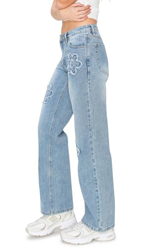 KHAKI & BLUE Women's Low Rise Comfortable Relaxed Fit Baggy Straight Leg Jeans with Daisy Patch2