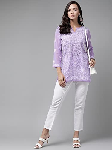 Image of Ada Women's Georgette Regular Fit Chikankari Hand Embroidered Lucknow Short Kurti Top A911224