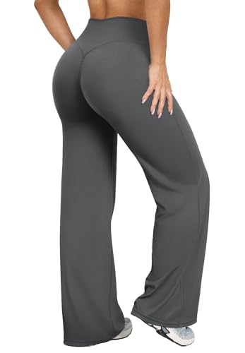 Women Straight Leggings Bottoms Wide Leg Pants High Waist Stretchy Comfy No Front Seam Yoga Workout Sweatpants Grey-M