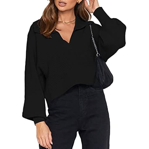 Kisscynest Women's V Neck Knit Cropped Sweater Lantern Sleeve Ribbed Pullover Top Loose Fit Black, S Cover