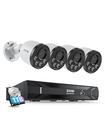 Image of ZOSI 8CH PoE Home Security Camera System with 1TB HDD, 4 x 4MP Metal Cams | Human Vehicle Detection, IP66 Weatherproof, Outdoor & Indoor, Night Vision, H.265+ 3K NVR for 24 /7 Audio & Video Recording