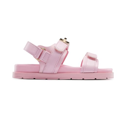 Image of FabKids Girl's Flat Sandals Comfort Adjustable Double Strap Slip on Leather Footbed Sandals for Toddler Little Kid Big Kid