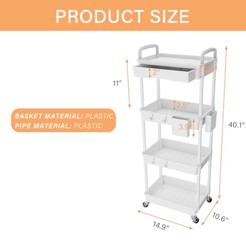 Image of 4 Tier Rolling Utility Cart with Drawer,REBECAT Utility Cart Made of Multifunctional Storage Organizer Tool for Kitchen,Bathroom,Living Room,Office(Gray)