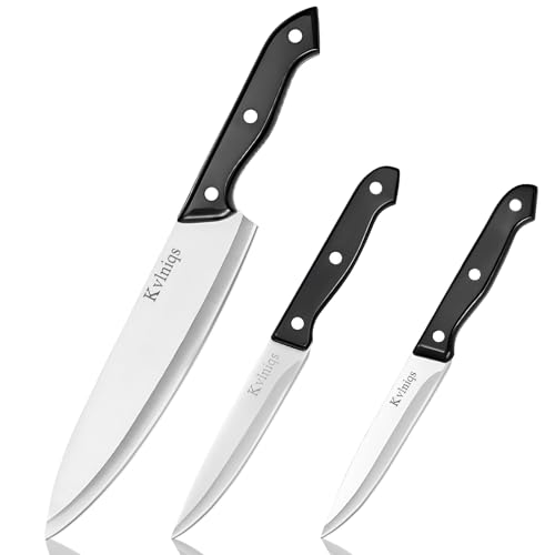Kvlniqs 3-Piece Kitchen Knife Set: 8' Chef, 5' Utility, 4.5' Paring Knife. Stainless Steel Blades in...