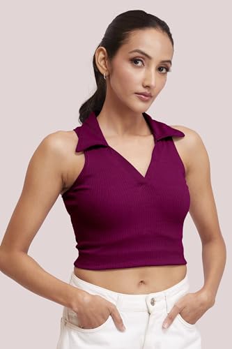 Image of BERRY BIRD Stylish Sleeveless V-Neck Slim Fit Collar Ribbed Knit Tank Crop Tops for Women & Girls Beach and Gym Wear and Western Trendy Fashion